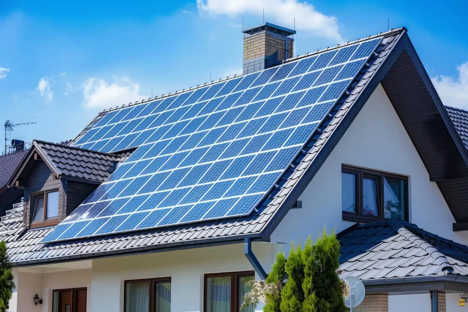Champ de panneaux photovoltaïques en toiture vu du ciel