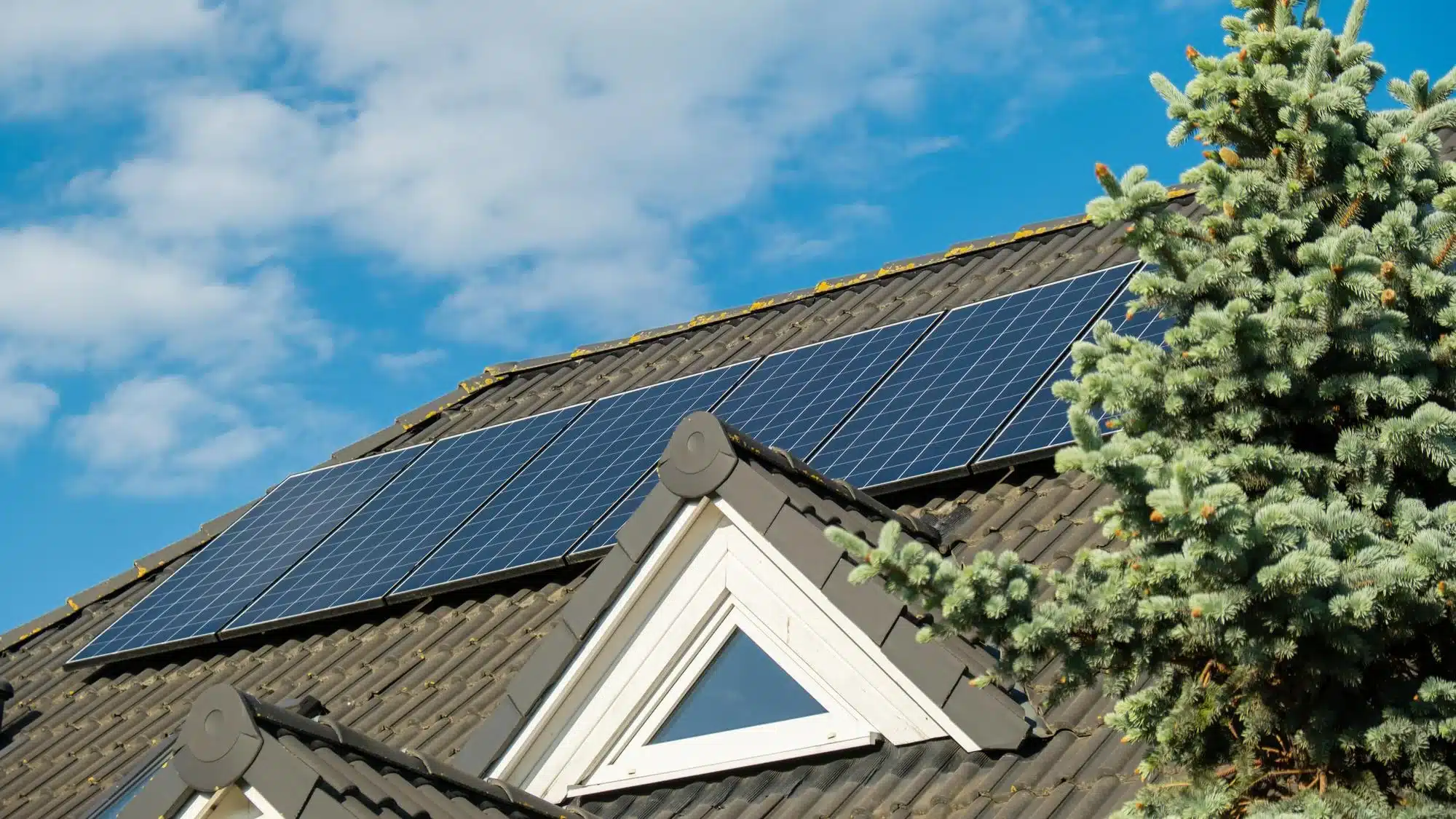 Champ de panneaux photovoltaïques en toiture vu du ciel par drone